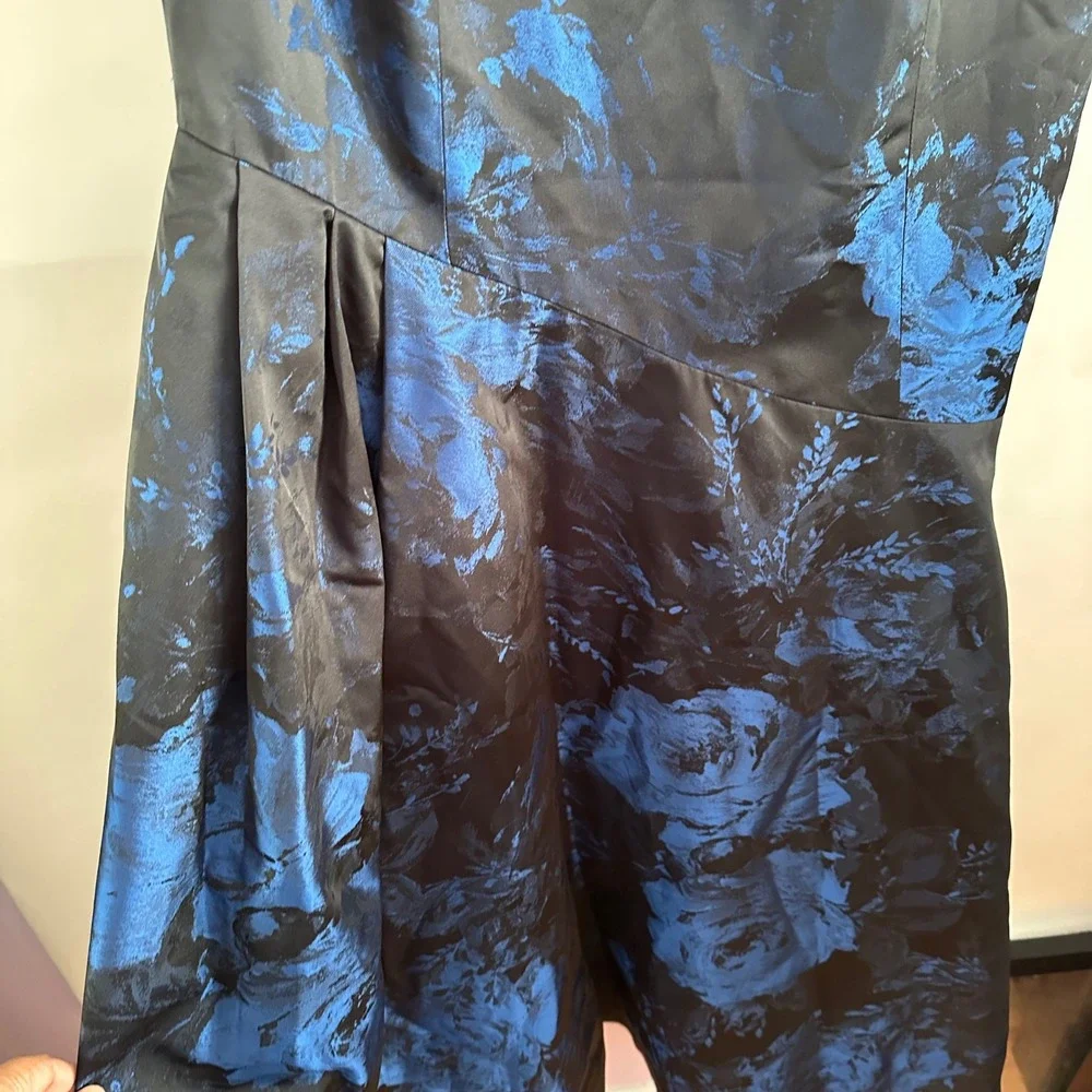 Teri Jon Rickie Freeman One Shoulder Blue Floral Jacquard Gown Dress Black 4